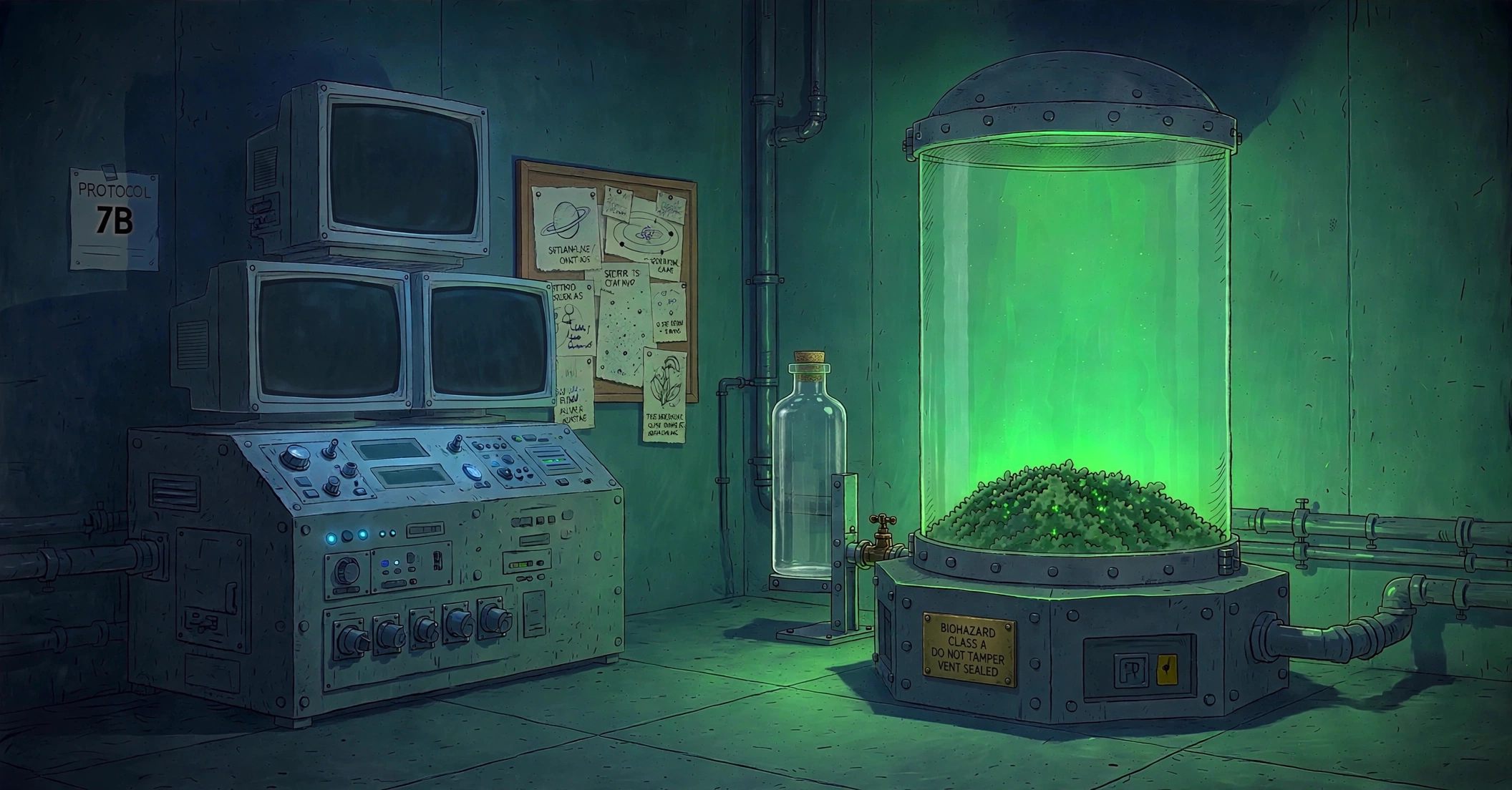 The quarantine room: a monitor bank, a corkboard of notes, an empty feed vial, and the containment chamber