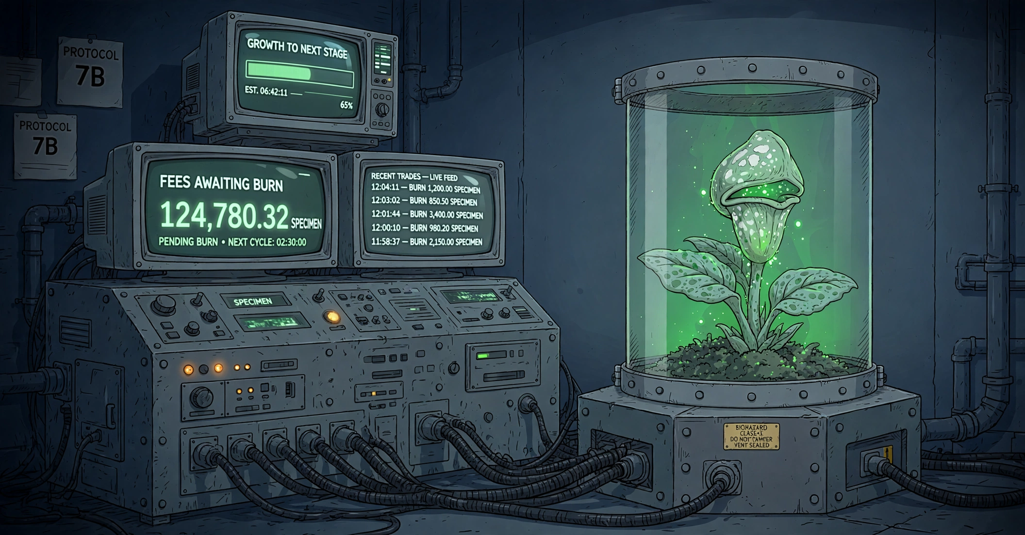 The specimen in its containment chamber, wired to the monitoring bank